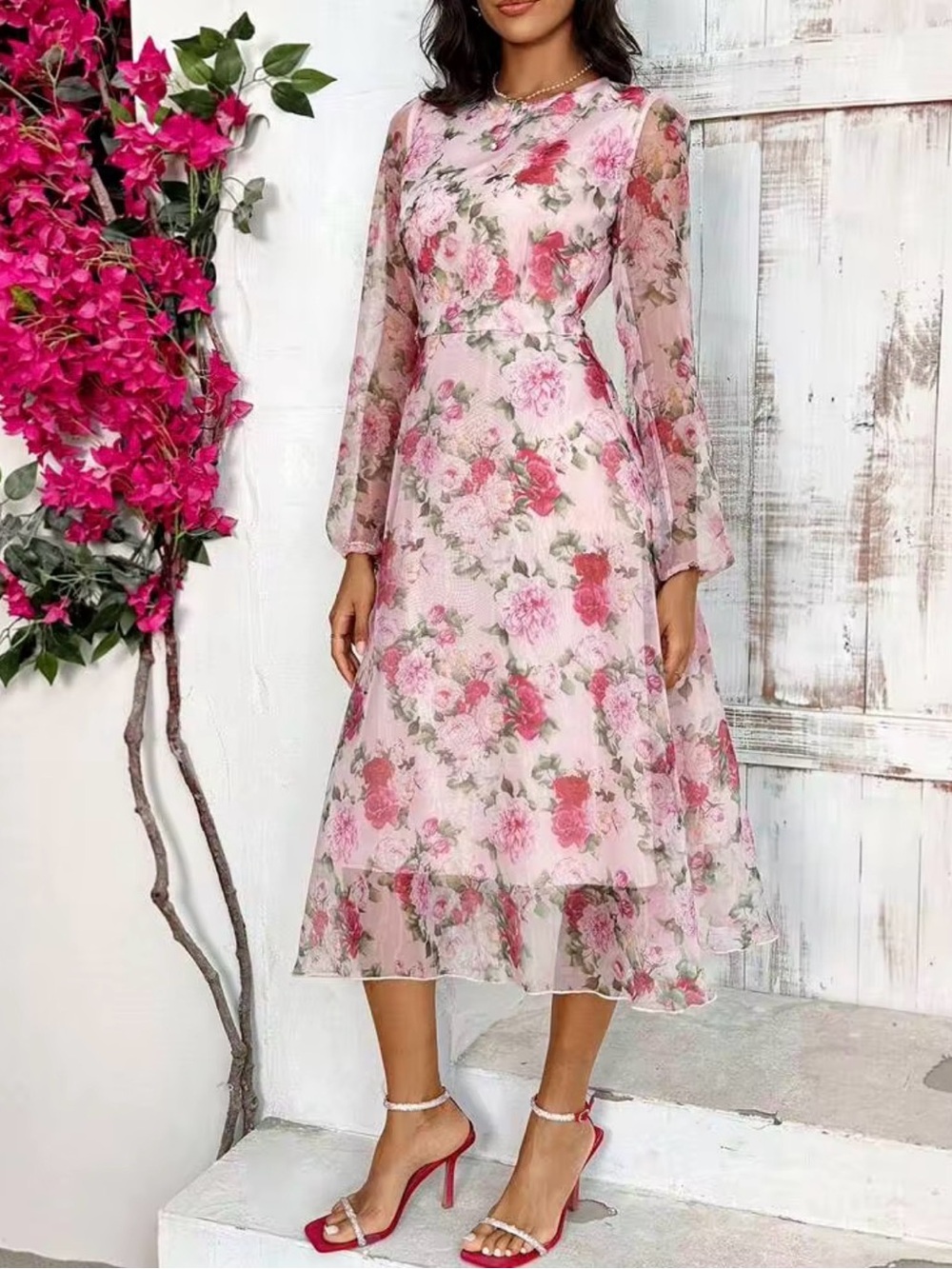 Floral Pink Midi Dress with Sheer Long Sleeves